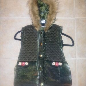 Little Lass Shimmery Olive Green Quilted Hooded Vest with Faux Fur Trim